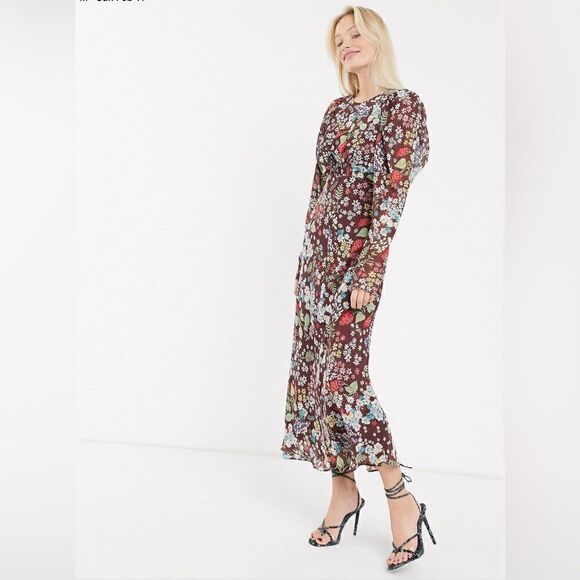 ASOS Design Brown Maxi Dress w/ Puff Sleeves in Vintage Floral Pattern - Picture 3 of 10